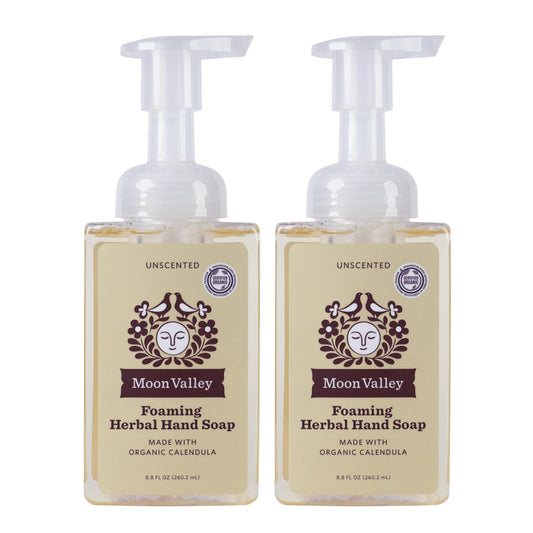 Moon Valley Herbal Foaming Hand Soap bottle with recyclable packaging for an eco-friendly home.
