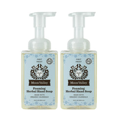 Moon Valley Organics First Frost foaming hand soap bottle close-up with recyclable packaging.
