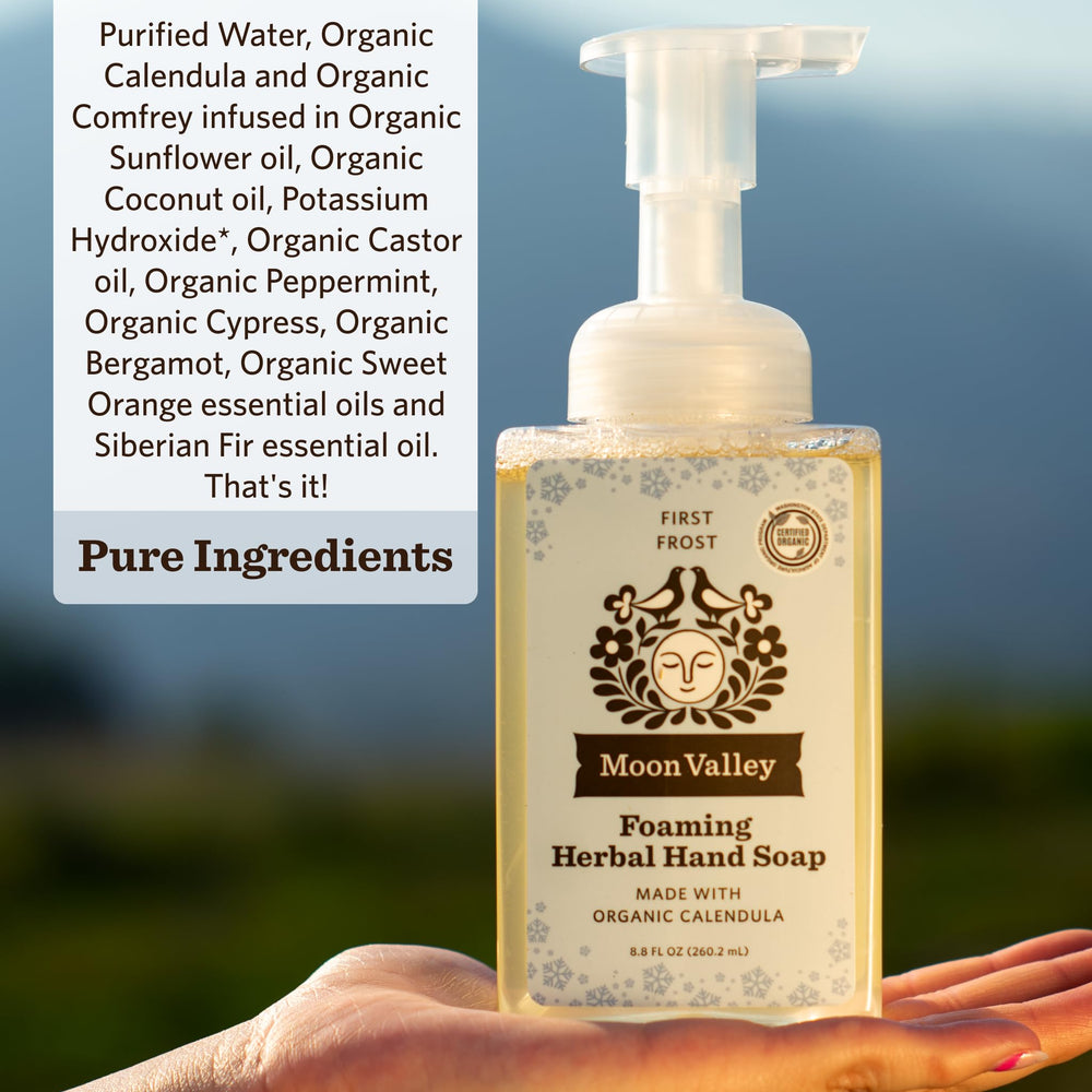 Moon Valley Organics First Frost foaming hand soap pump action in use.