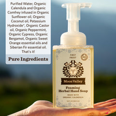 Moon Valley Organics First Frost foaming hand soap pump action in use.