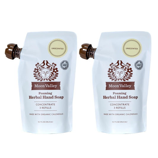 Moon Valley refill pouch two-pack for foaming hand soap, promotes plastic waste reduction