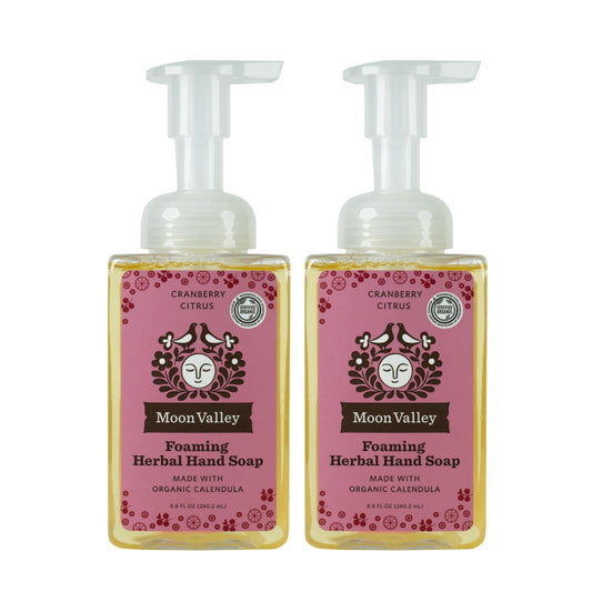 Moon Valley Organics Cranberry Citrus foaming soap bottle front for gentle cleansing