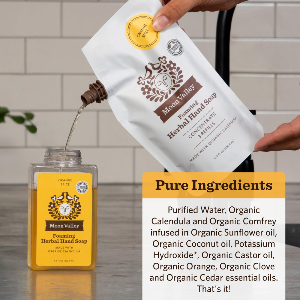 Moon Valley Organics foaming soap bottle with orange spice aroma