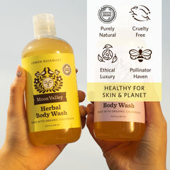 Moon Valley Organics Lemon Rosemary body wash foam—soft lather for moisturizing cleansing.