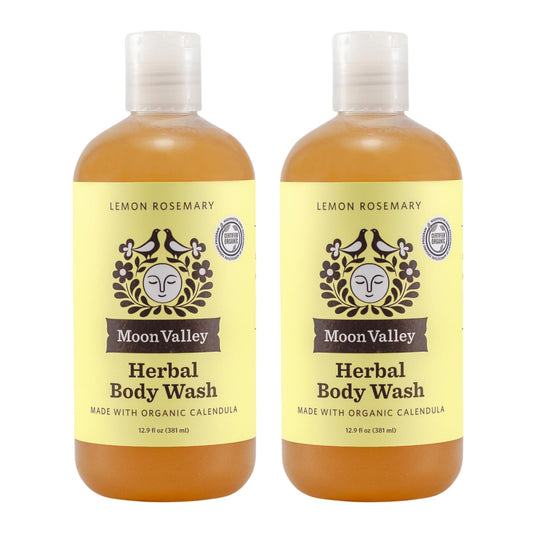 Moon Valley Organics Lemon Rosemary bottle front—gentle, all-natural cleansing for daily use.