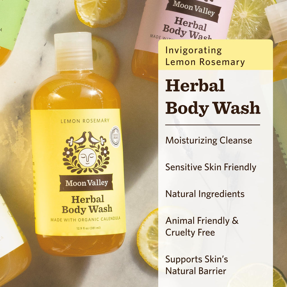 Moon Valley Organics Lemon Rosemary bottle pour—refreshing scent during showers.