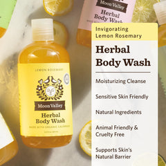 Moon Valley Organics Lemon Rosemary bottle pour—refreshing scent during showers.