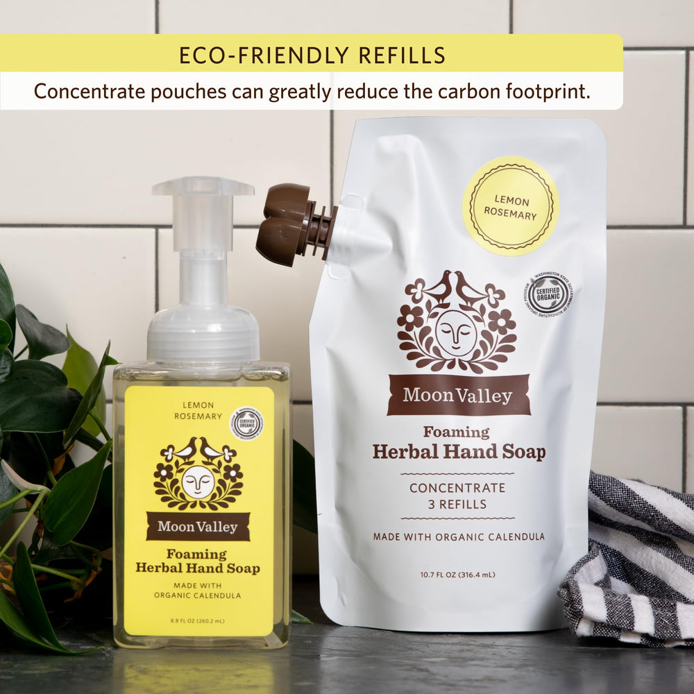 Moon Valley Organics lemon rosemary foam in use for gentle hand cleansing