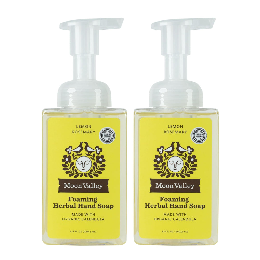 Moon Valley Organics Lemon Rosemary foaming hand soap bottle with natural, refreshing formula for softer hands