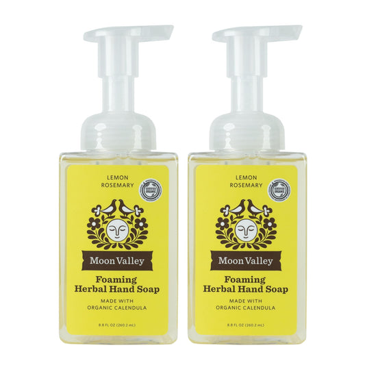 Moon Valley Organics Lemon Rosemary foaming hand soap bottle with natural, refreshing formula for softer hands