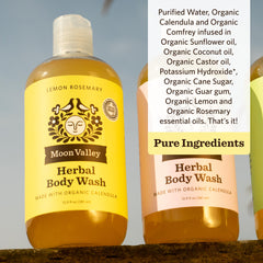 Moon Valley Organics Lemon Rosemary bottle label—vegan, paraben-free formula.
