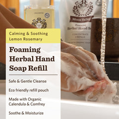 Close-up of Moon Valley Organics refill pouch showing lemon rosemary scent