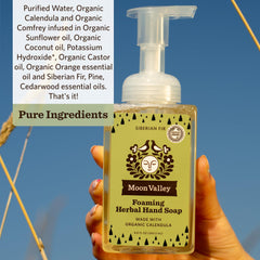 Moon Valley Organics recyclable bottle close-up emphasizes eco-friendly packaging.