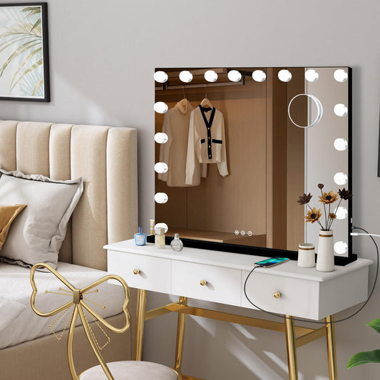 Moonee black vanity mirror with 18 dimmable bulbs for clear makeup lighting