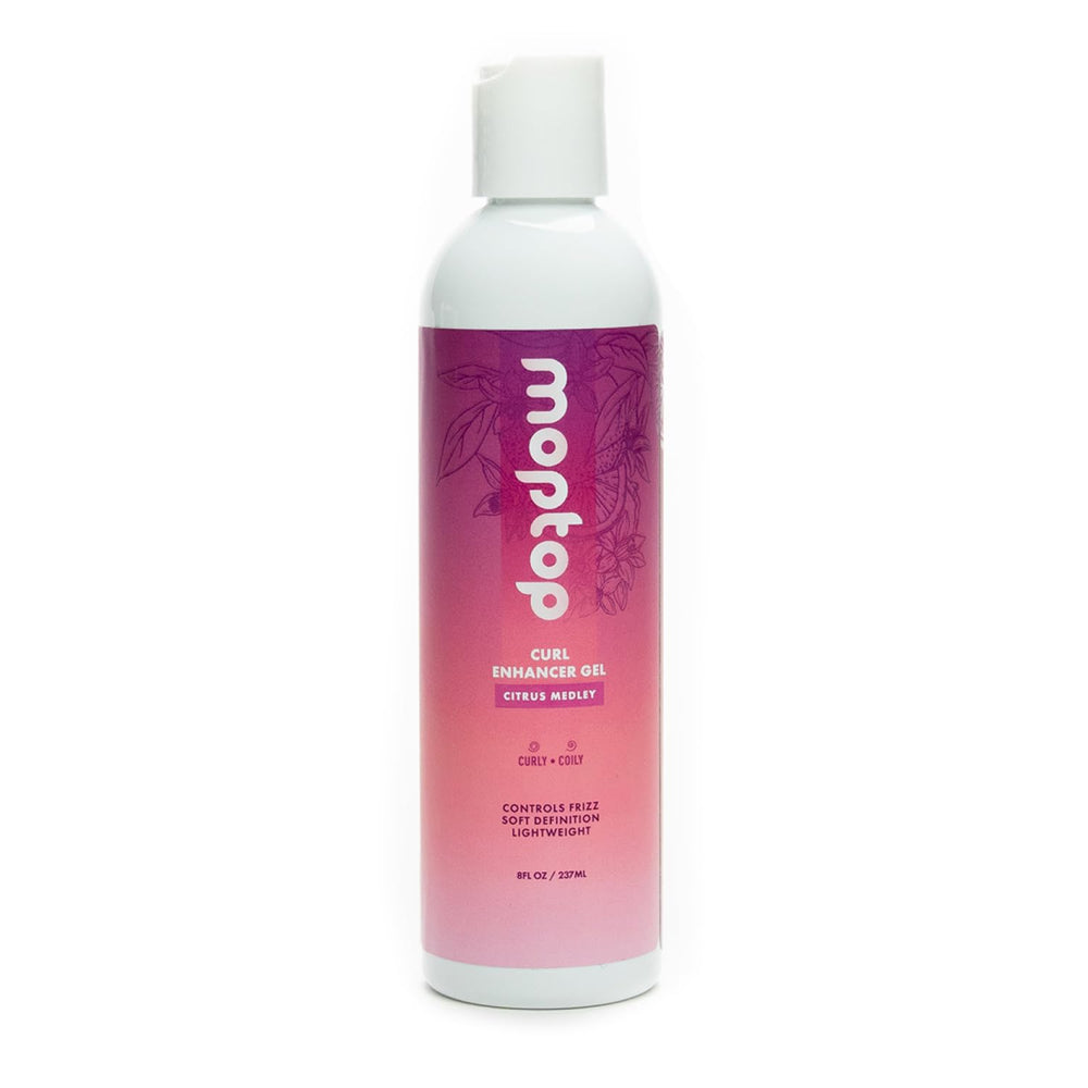 MopTop Curl Enhancer Gel bottle emphasizes lightweight hold for defined curls.