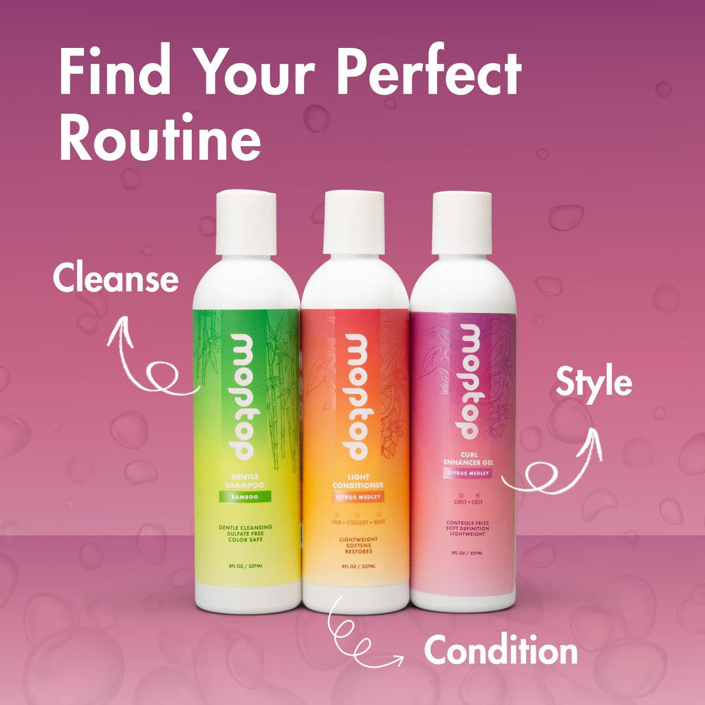 MopTop Curl Enhancer Gel label shows parabens-free promise for gentler care.