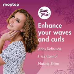 MopTop Curl Enhancer Gel texture close-up highlights smooth frizz-control formula.