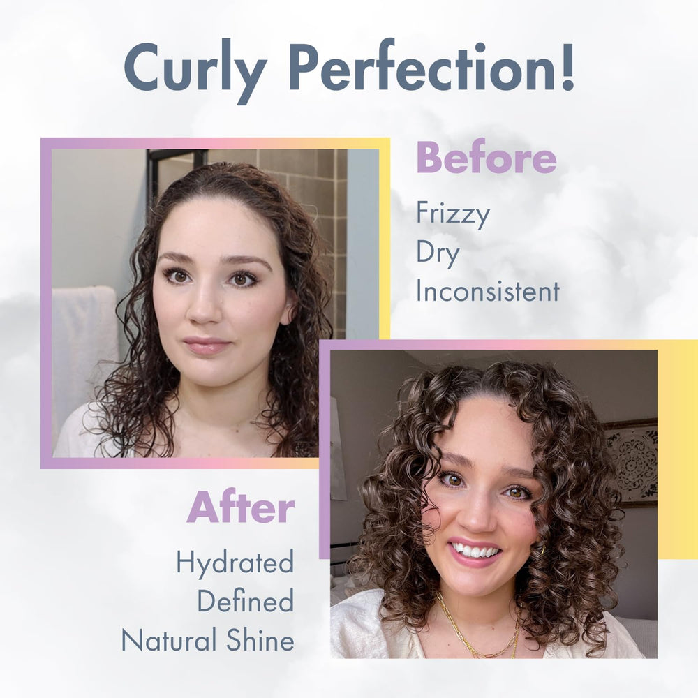 Step-by-step usage image for the Curly Gel and Mongongo Oil cocktail on hair sections.