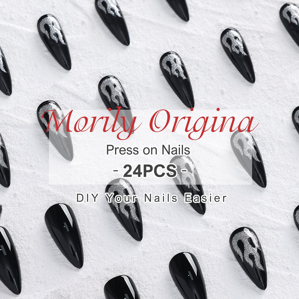 Morily party-ready nails with black flames for cosplay or events.