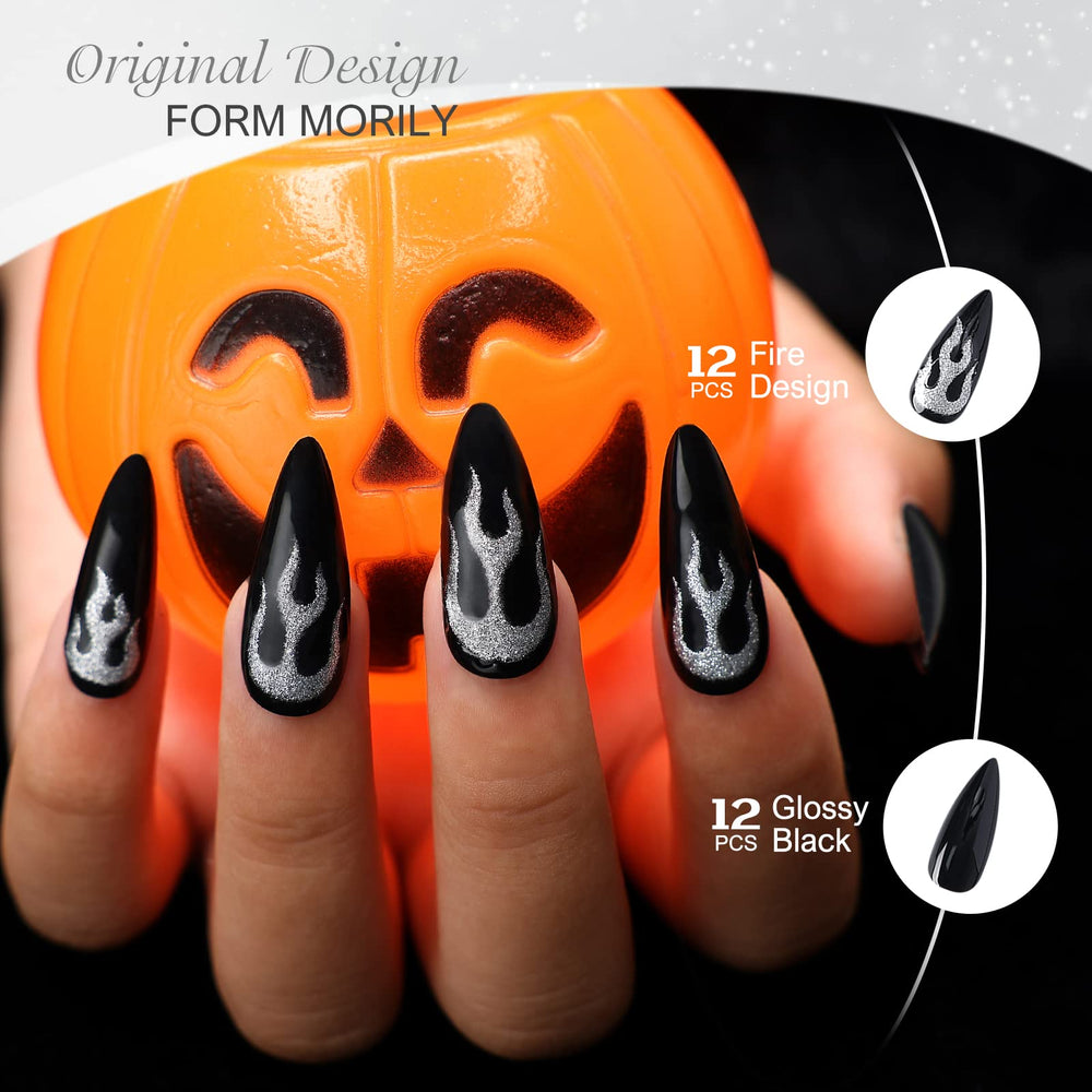 Morily stiletto nails in black with silver flame design for bold style.