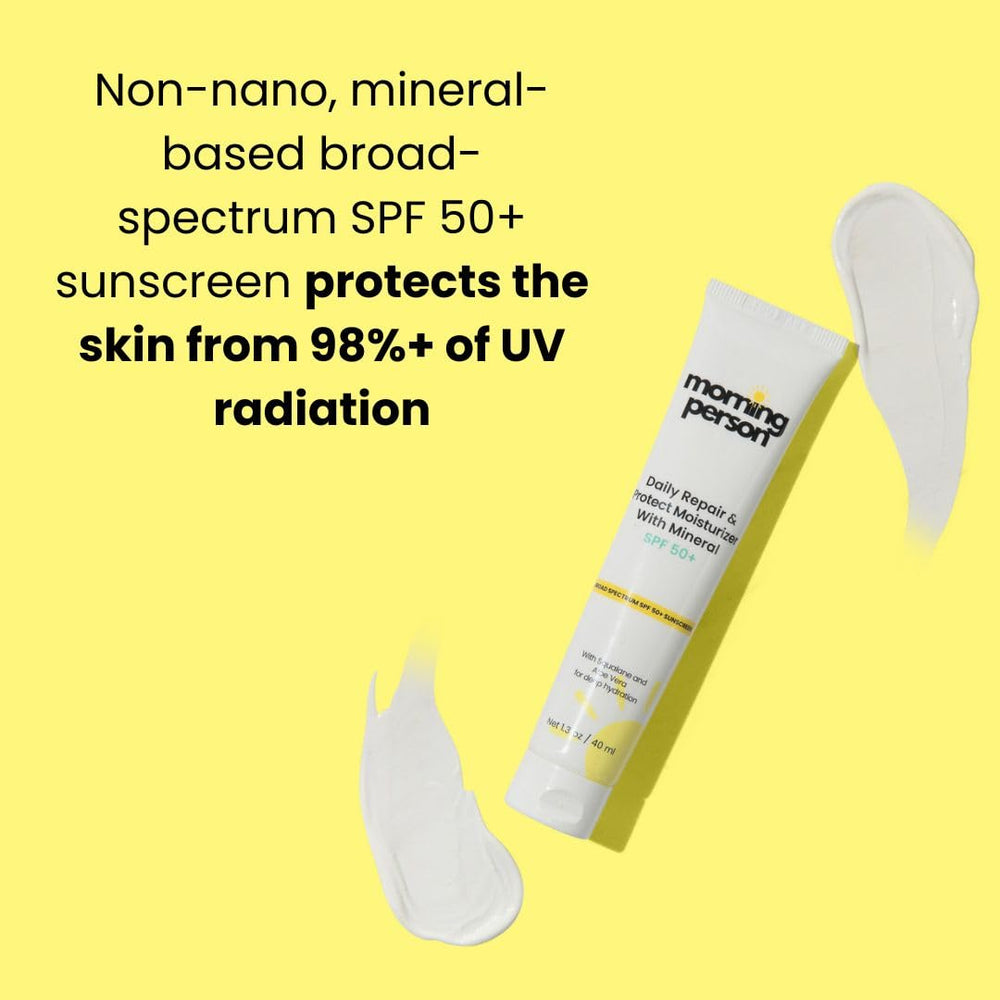 Morning Person lightweight, non-greasy SPF50 moisturizer in use.