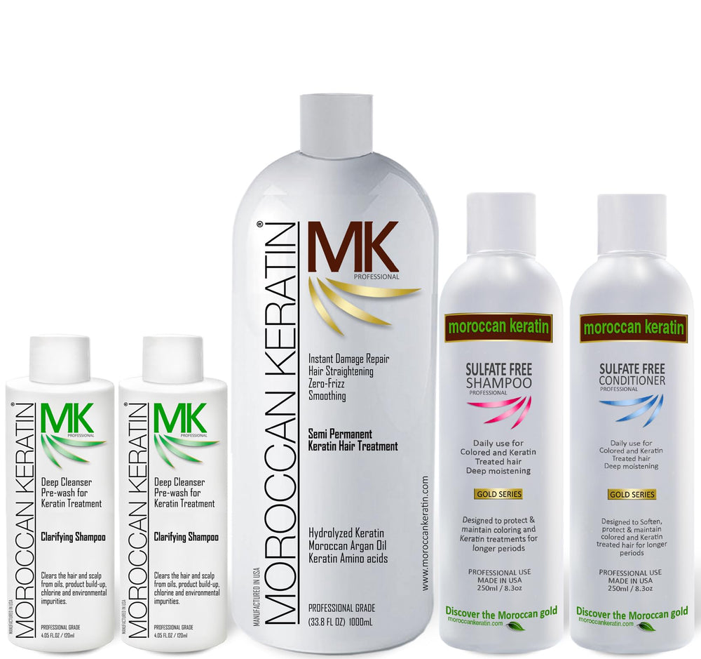 Moroccan Keratin Gold Series hair treatment bottle smooths and adds shine.
