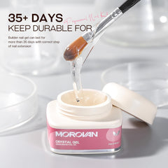 Morovan Builder Gel clear gel application offers smooth self-leveling for precise shaping.