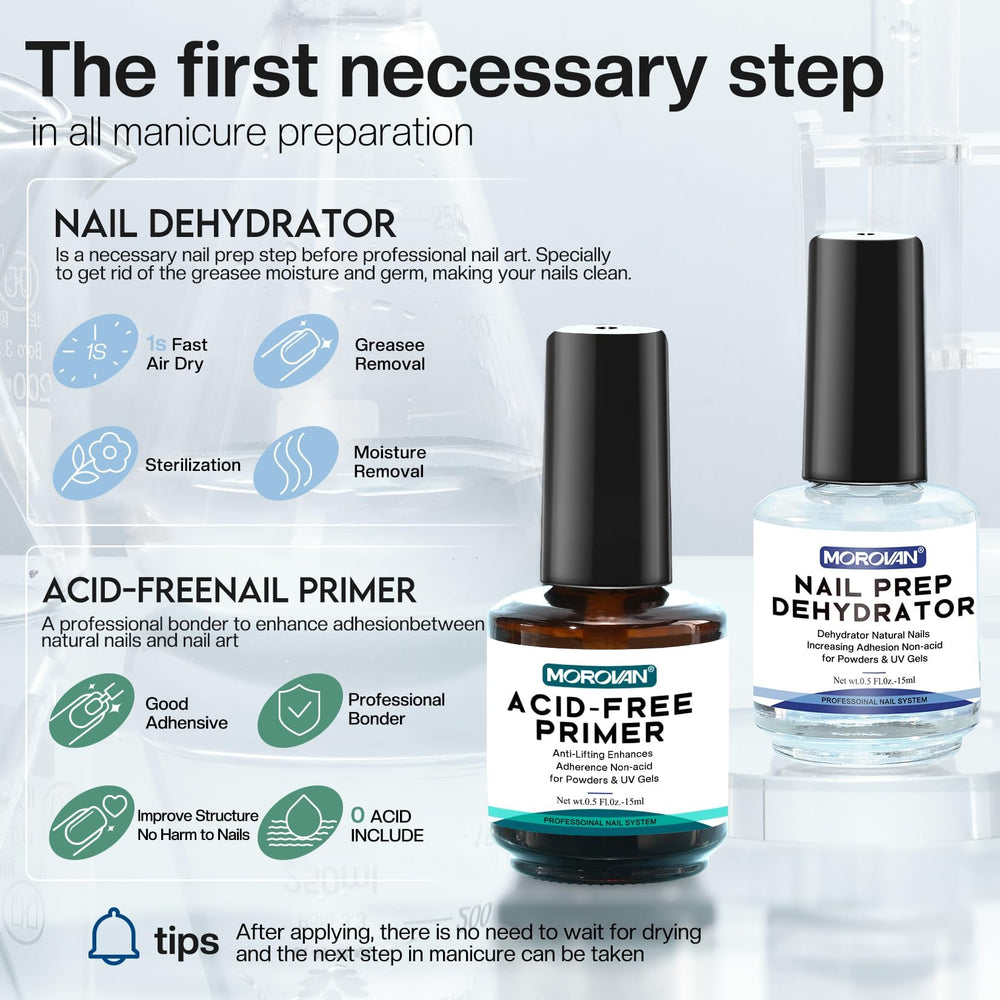 Morovan dehydrator and primer set displayed for professional nail prep.