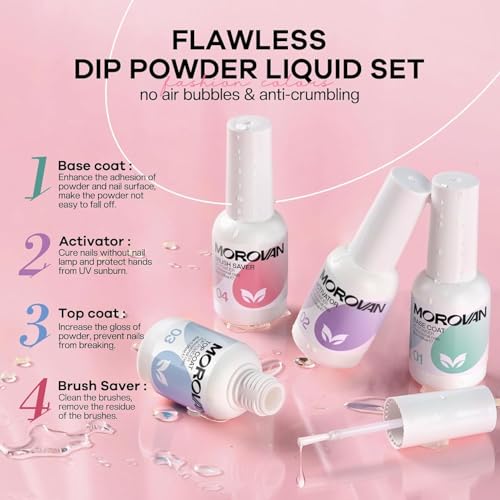 Close-up of Morovan dip powder application during at-home manicure.