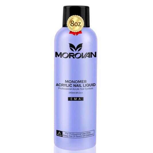 Morovan monomer liquid 8oz bottle shows smooth consistency for flawless acrylic application.