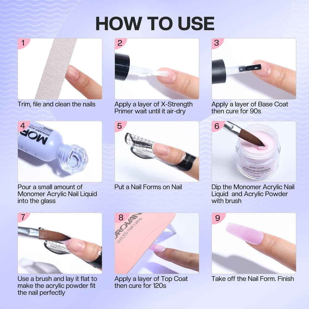 Morovan monomer liquid pairs well with various powders for versatile acrylic nails.