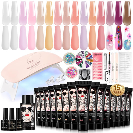 Morovan poly gel nail kit with 15 colors for versatile at-home nail art
