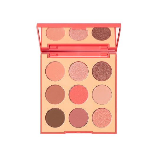 Morphe 9E Pretty In Peach palette swatches peach-toned shades for versatile day-to-night looks
