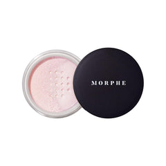 Morphe Bake & Set powder bottle closeup shows smooth, talc-free finish for all-day wear.