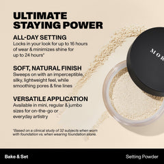 Morphe Bake & Set compact jar highlights travel-friendly talc-free formula.