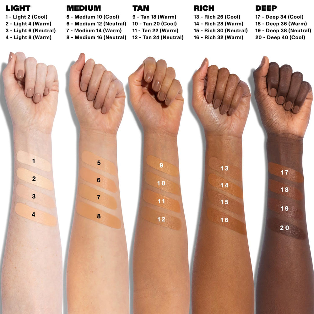 MORPHE concealer shade swatch displaying 20 inclusive tones for diverse skin.