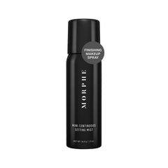 Close-up of Morphe Mini Setting Mist bottle showing a micro-fine spray for even wear.