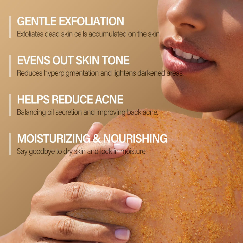 MOSRROU Turmeric Body Scrub with Loofah demonstrates easy cleansing during showers