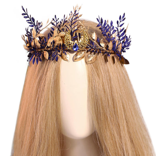 MOSTORY Blue Woodland Elf Crown closeup highlights intricate florals for fantasy costumes.