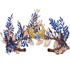MOSTORY Blue Woodland Elf Crown on-head view showcases elf princess vibe for cosplay.