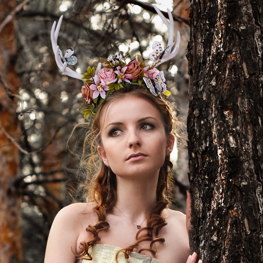Mostory forest butterfly headpiece on model highlights magical woodland style and comfortable wear