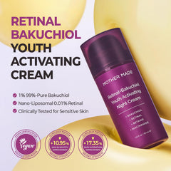 Closeup of Mother Made Retinol Bakuchiol Night Cream jar highlighting creamy texture for quick absorption