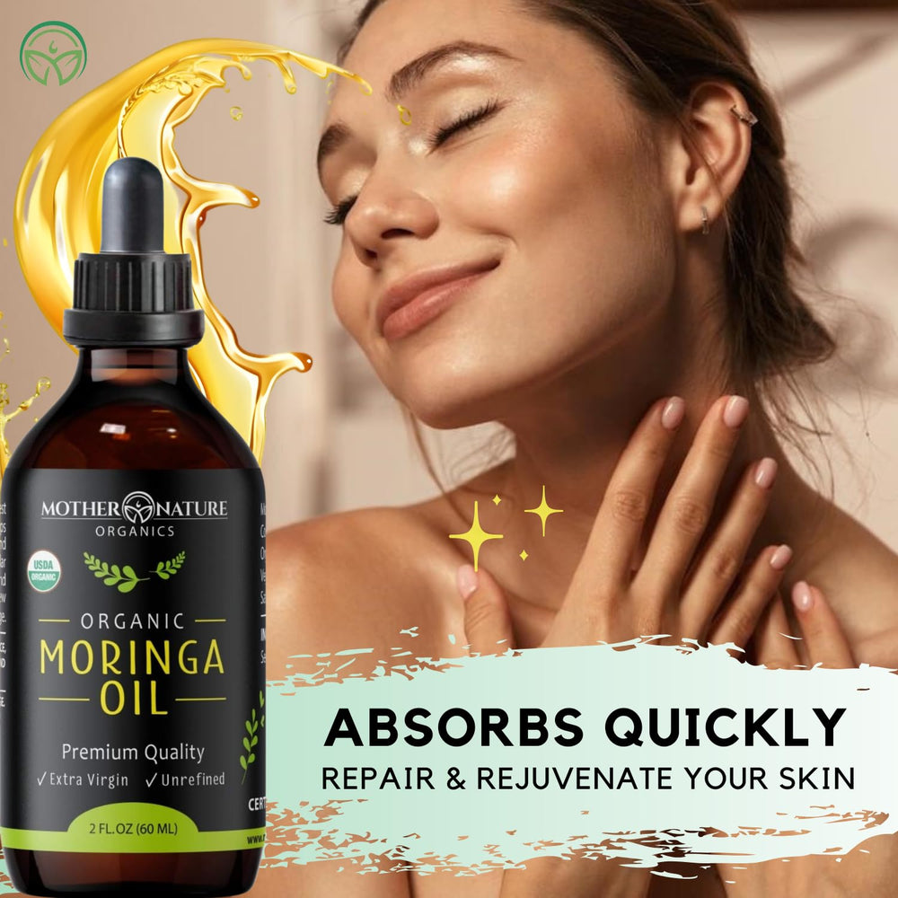 Mother Nature Organics Moringa Oil label closeup shows organic, non-GMO ingredients