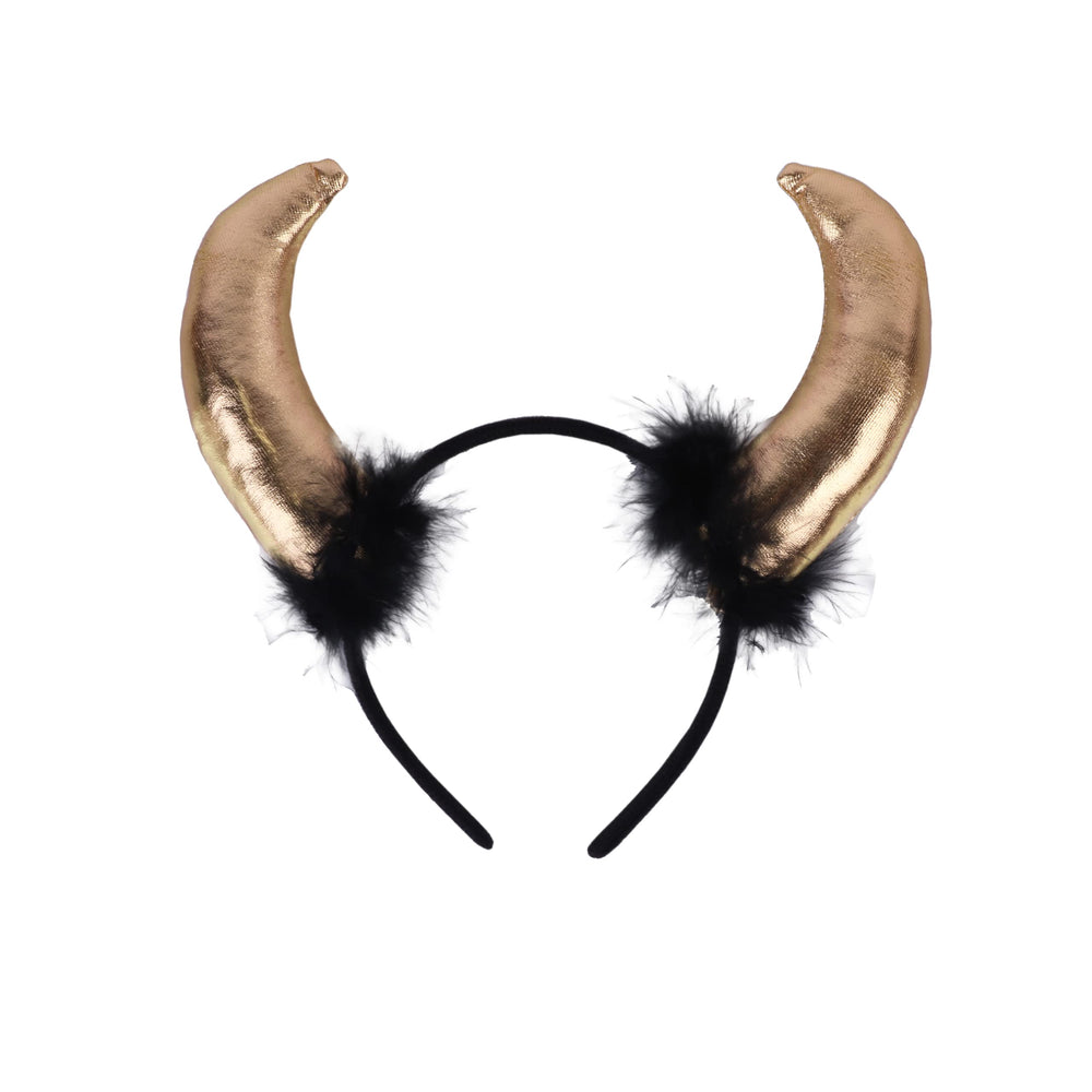 Motique Accessories gold horn headband with plush ears for festive costume fun.