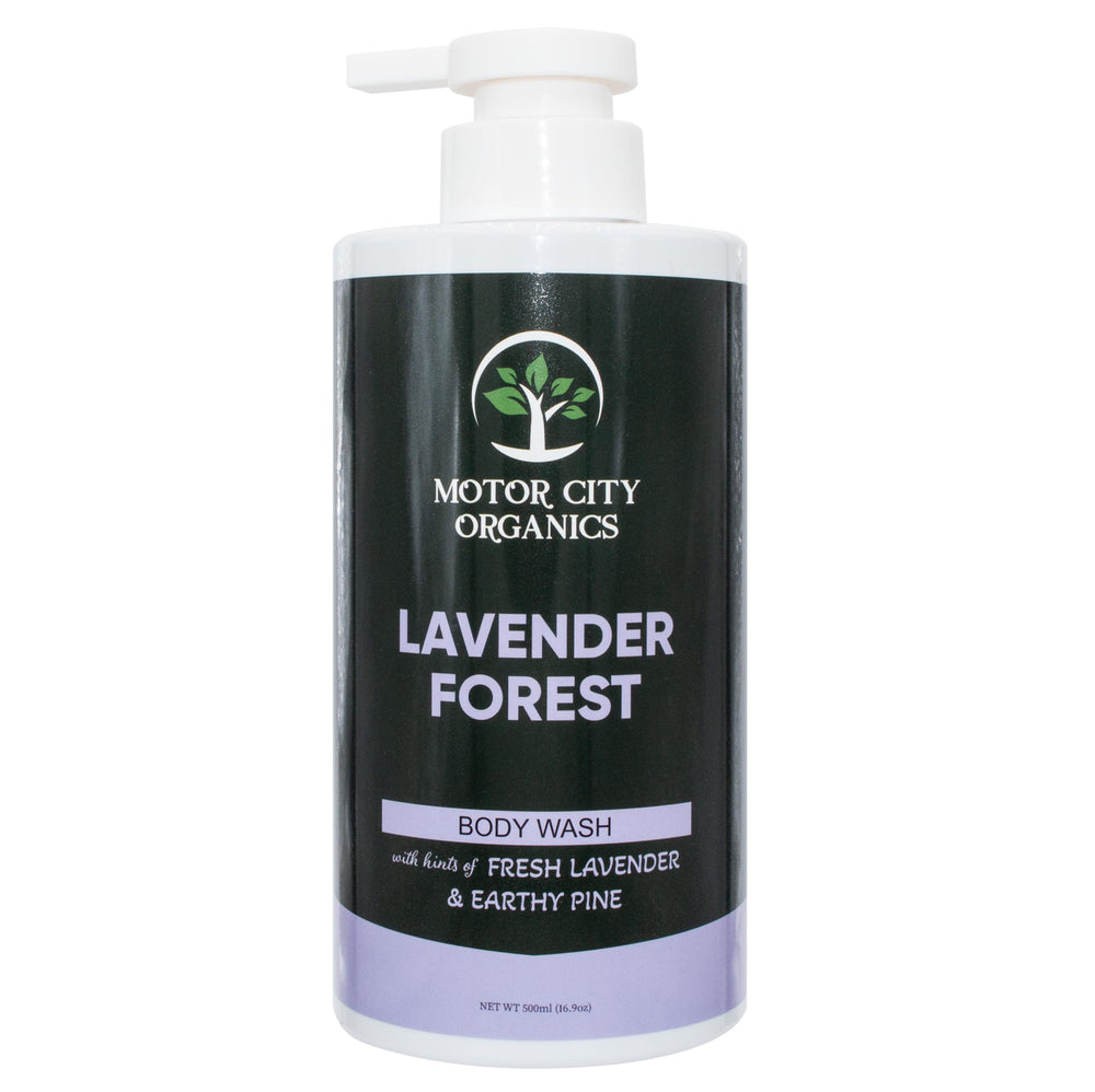 Motor City Organics Lavender Forest bottle pour demonstrates easy, soothing cleansing.
