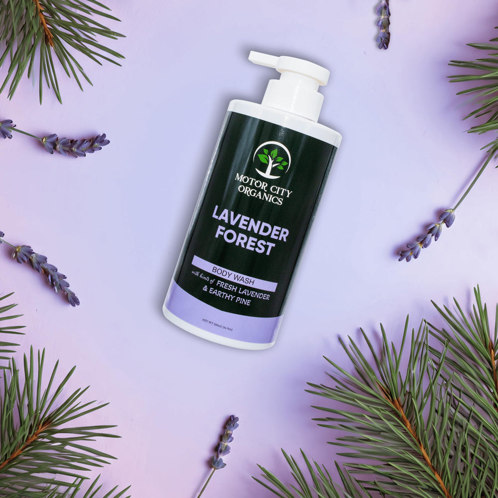 Motor City Organics Lavender Forest foam lather provides rich, hydrating bubbles for a gentle shower.