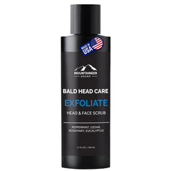 Mountaineer Brand Bald Head Exfoliator bottle with fresh scent for daily cleansing.