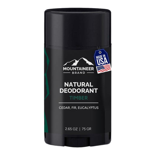Mountaineer Brand Timber stick deodorant glides on smoothly for natural odor control.