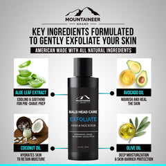 Natural ingredients olive oil and tea tree near Mountaineer exfoliator for nourishment.