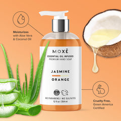 MOXE Juniper Pear bottle label showing crisp scent and clean after-use impression.